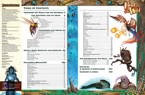 Pathfinder Howl of the Wild interior page spread showing the book's credits and table of contents with a decorative border and illustrations of several magical creatures in the margins.