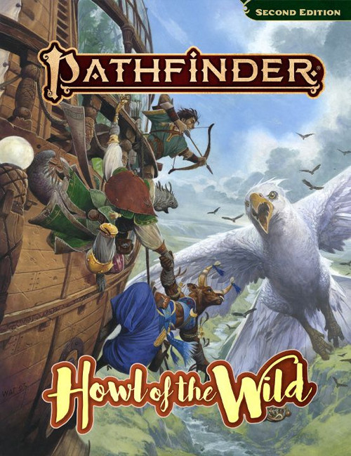 Pathfinder Howl of the Wild cover depicts the crew of the airship Zoetrope being chased by a giant bird. A minotaur hangs daringly off the side of the airship while another crew member points their bow at the bird. A valley with a river can be seen far below.