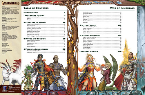 Pathfinder War of Immortals sample pages featuring the table of contents, supplemented by an array of adventuring characters who have achieved powerful "mythic" status.