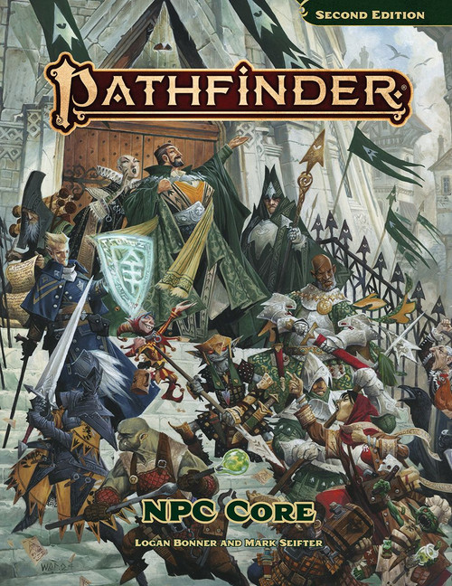 Pathfinder NPC Core by Logan Bonner and Mark Seifter. On the stairs of an important building in a fantasy city, a pompous politician makes an unpopular decree. An array of retainers and guards surround him, shielding him from an unrushing mob. Several of the characters portrayed here are fully detailed NPCs included in the book.