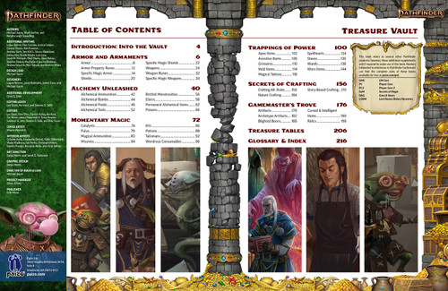 Pathfinder Treasure Vault Remastered, 224-page hardcover rulebook by Pathfinder2E Remaster, featuring character-driven illustrations and an extensive catalog of gear, wands, potions, and equipment for Pathfinder RPG, with a focus on fantasy items and Second Edition rules.