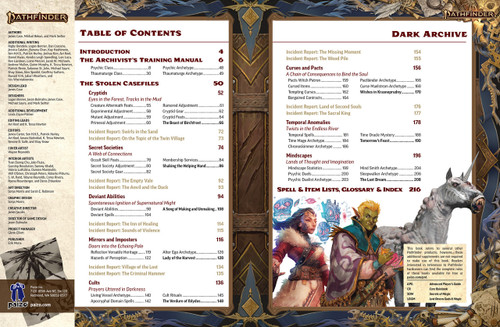Pathfinder Dark Archive (Remastered). The table of contents.