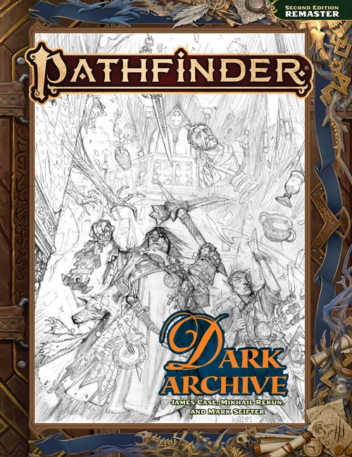 Pathfinder Dark Archive (Remastered) - SKETCH COVER. Two adventurers explore a haunted building, with objects flying at them and specters reaching out with grasping hands. The border, logos, and title all remain in color like the standard edition, but the main cover image is rendered entirely in sketched black and white.