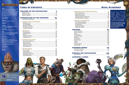 Pathfinder Lost Omens Rival Academies interior spread with the book credits and table of contents, complete with decorative border and illustrations of the people featured within..