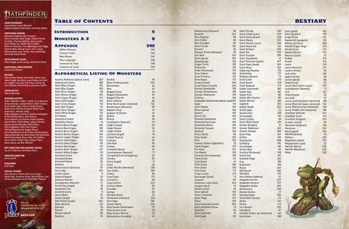 Pathfinder Bestiary interior spread showing the credits and table of contents.