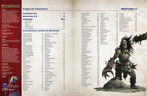 Pathfinder Bestiary 2 interior pages with the credits and the table of contents.
