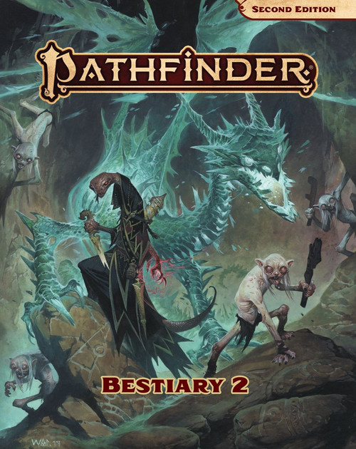 Pathfinder Bestiary 2 cover depicting a snake person, several subterranean creatures, and a glowing skeletal dragon.