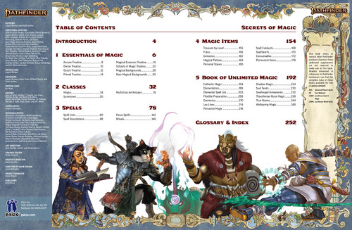 Pathfinder Secrets of Magic credits and table of contents, along with decorative character art and page border.