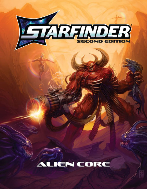 Starfinder Alien Core. A giant demon with a Gatling fun for a hand, with bullets coming out of its guts, fires upon alien creatures.  