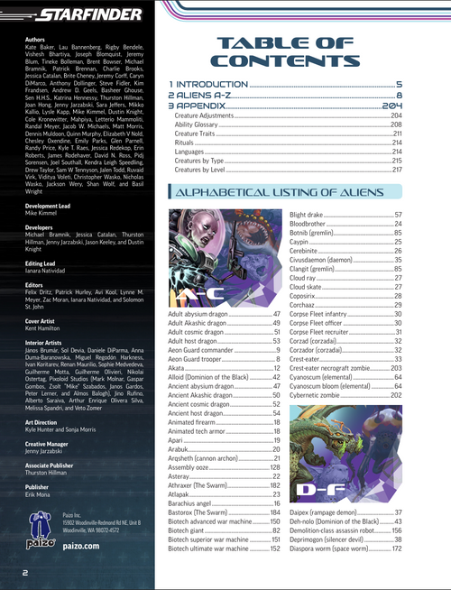 Table of Contents from Starfinder Alien Core.