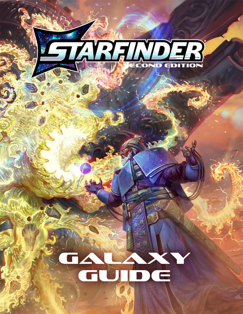 Starfinder Second Edition Galaxy Guide. Cover illustration depicts a robe-clad human witchwarper floating through a weird magic outer space nebula.