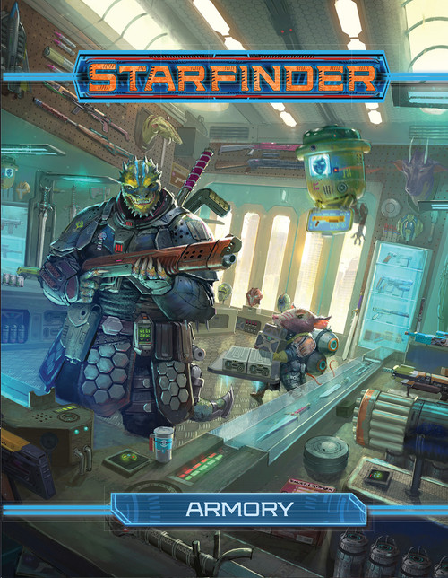 Starfinder Armory cover shows a reptilian humanoid alien and a smaller rat humanoid alien in a cluttered store shopping for weapon and adventuring gear.