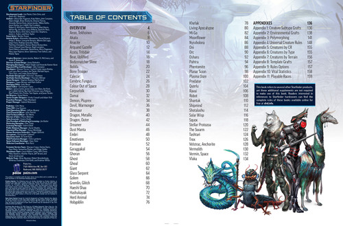 Starfinder Alien Archive 2interior pages show the table of contents, with several different aliens illustrated below, from a small snake like thing to several taller humanoid aliens.