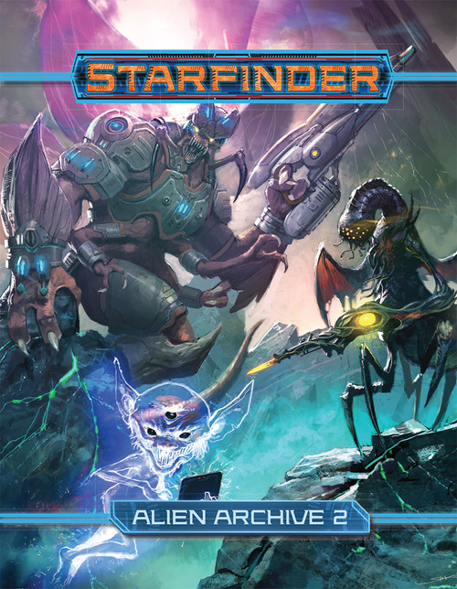 Starfinder Alien Archive 2 cover shows a ghostly gremlin like creature, a winged multi-legged long-necked alien with a strange rifle, and an enormous lumbering alien with a massive gun, all posing on a rocky planet with a misty background.