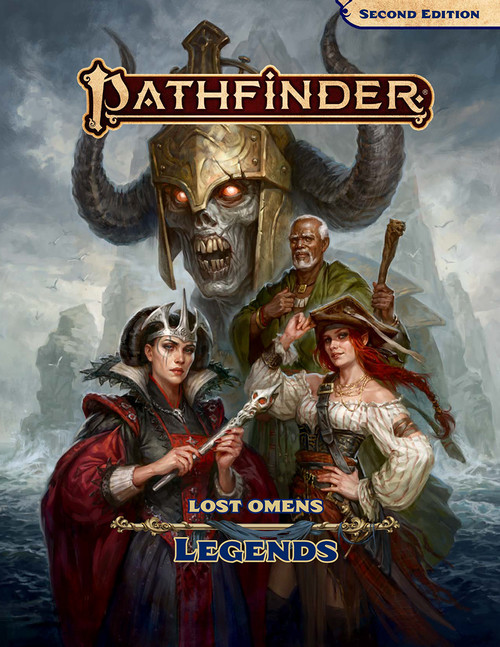 Pathfinder Lost Omens Legends cover depicts a montage of four characters--a wicked human female queen in red robes, a charming red-haired human female pirate doffing her tricorner hat, and a wise human wizard with dark skin and a staff. Above them looms the rotting visage of the Whispering Tyrant, an evil lich. A forlorn island can be discerned within the mist behind them.