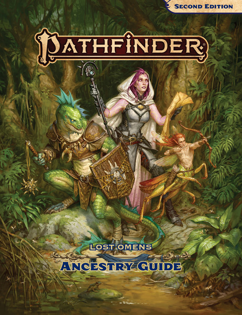 Pathfinder Lost Omens Ancestry Guide cover depicts an array of unusual ancestries exploring a forest. They include a female-coded pink-skinned android in a hooded white cloak, a lizardfolk armed with a shield and flail, and a grasshopper-like small fey creature known as a grig, who wields a bow and arrow.