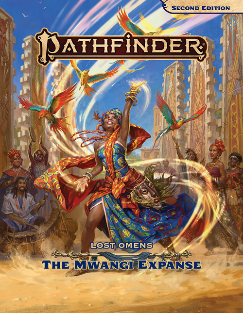 Pathfinder Lost Omens The Mwangi Expanse cover image featuring a dancing female human spellcaster joyously casting a spell while surrounded by colorful parrots and several musicians in the background. The image evokes the Africa-inspired fantasy that inspired the content of the book.
