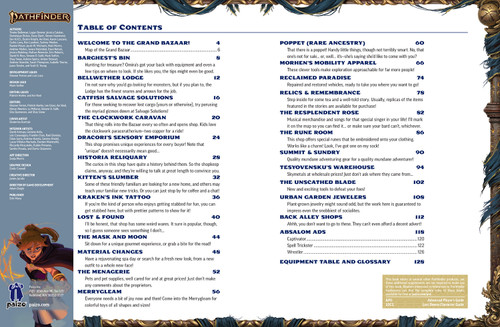 Pathfinder Lost Omens Grand Bazaar sample pages featuring table of contents and contributor credits.