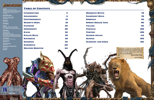 Pathfinder Lost Omens Monsters of Myth sample pages featuring the book's table of contents, supplemented by illustrations of five hideous monsters described within.