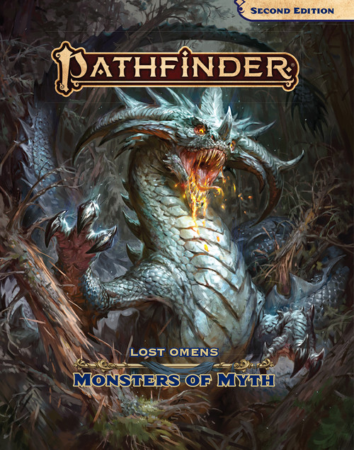 Pathfinder Lost Omens Monsters of Myth cover featuring a terrible linnorm dragon crashing through a snowy forest.