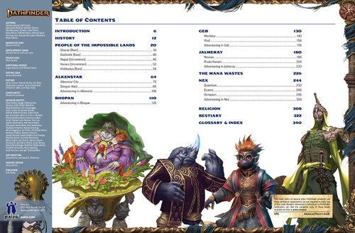 Pathfinder Lost Omens Impossible Lands sample pages presenting the book's table of contents, accented by several illustrations of characters detailed in the book.