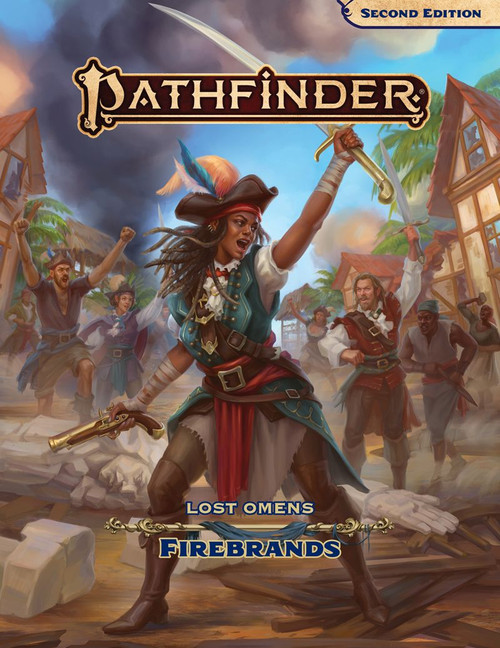 Pathfinder Lost Omens Firebrands cover featuring a female freedom fighter leading a crowd of rebels in a tropical scene.