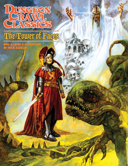Dungeon Crawl Classics The Tower of Faces PDF cover features a knight in red armor facing a green monster near a black glass tower, by Sanjulian, for the level 6 DCC rules set adventure.