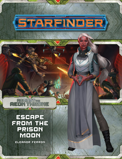 Starfinder Adventure Path #8: Escape from the Prison Moon (Against the Aeon Throne 2 of 3) PDF cover shows a serene-looking woman wearing white robes, with a background image of a furious firefight taking place in a shadowy red-walled chamber.