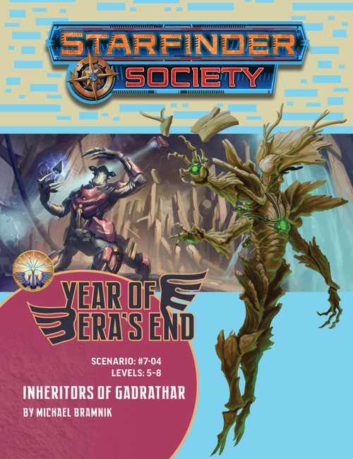 Starfinder Society Scenario #7-04: Inheritors of Gadrathar. By Michael Bramnik. An organic, tree-like alien with glowing green circles on the palm of its hands is overlayed on top of a centaur-like alien summoning magical energy.