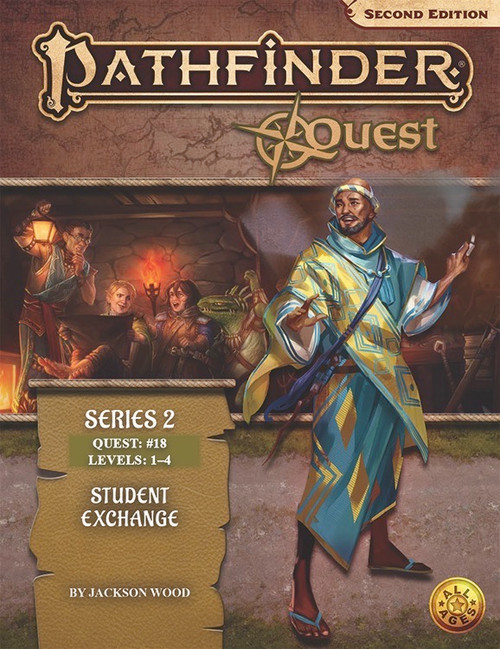 Pathfinder Quest #18: Exchange Students, by Jaskson Wood.  A 1st-4th level Pathfinder Quest (Series 2) Cover image depicts a male human cleric in gold and blue robes before a background image depicting a party of adventurers consulting a map by torchlight in a dark dungeon. 