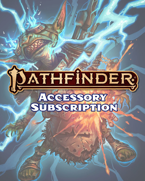 Pathfinder Accessories Subscription graphic features a goblin alchemist being electrocuted by a failed experiment.