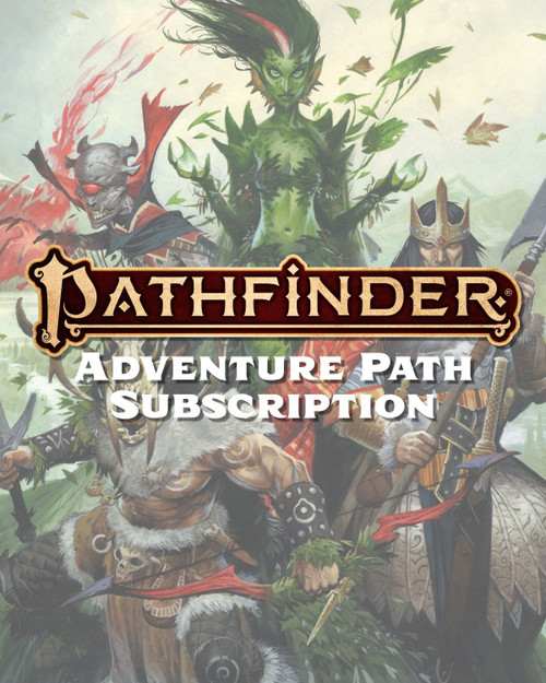 Pathfinder Adventure Path Subscription graphic depicts a powerful nymph queen, a barbarian king, and an undead cyclops drawn from the cover of the Kingmaker Adventure Path.