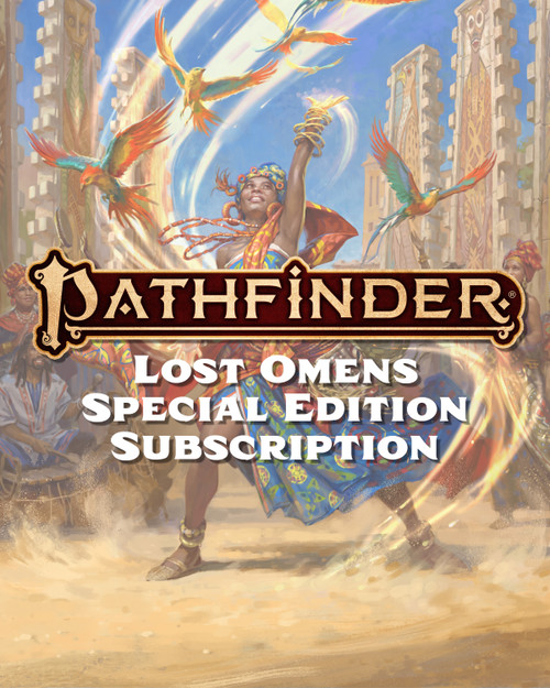 Pathfinder Lost Omens Special Edition Subscription features a joyous female human spellcaster in colorful robes surrounded by brightly colored parrots in an African-inspired scene drawn from the cover of The Mwangi Expanse sourcebook.