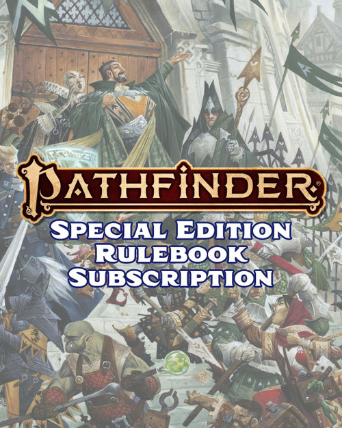 Pathfinder Special Edition Rulebooks Subscription features numerous NPCs arrayed on the stairs of an important building in a fantasy city. A noble pontificates at the door whilst others look on--a scene drawn from the cover the the NPC Core rulebook.