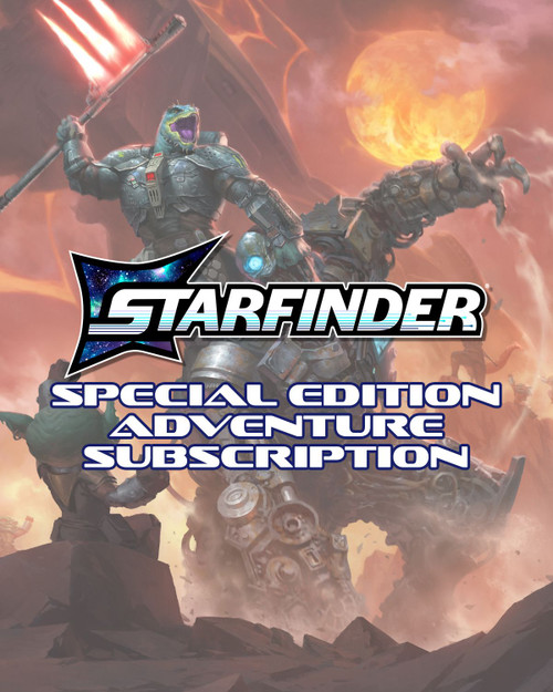 The Starfinder Special Edition Adventures Subscription illustration features a powerful lizard-like vesk alien warrior smashing her laser axe weapon into a large and menacing alien foe.