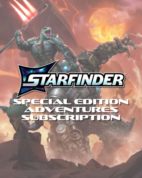 The Starfinder Special Edition Adventures Subscription illustration features a powerful lizard-like vesk alien warrior smashing her laser axe weapon into a large and menacing alien foe.