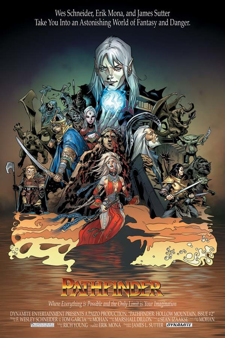 Pathfinder—Hollow Mountain #2 Limited Edition Cover, featuring F. Wesley Schneider's story and Tom Garcia's art, a fantasy scene with a woman in red surrounded by warriors, with bold orange text in a large 12x18 inch format.
