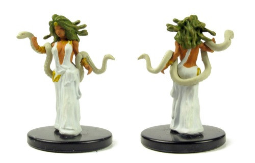 Pathfinder Battles Medusa, a prepainted miniature figure, features a female character with snakes for hair, wearing a white dress, on a black base, produced by Pathfinder in medium size, perfect for tabletop RPG play and fantasy gaming.