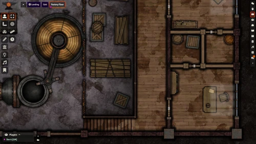 Pathfinder Adventure Path #182: Graveclaw (Blood Lords 2 of 6) (Foundry VTT) Code graphic featuring sample gameplay with windows featuring the a top-down tactical urban interior map.