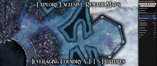 Pathfinder Adventure Path #189: Dreamers of the Nameless Spires (Gatewalkers 3 of 3) (Foundry VTT) Code gameplay graphic featuring a top-down tactical map of a wintry dungeon.