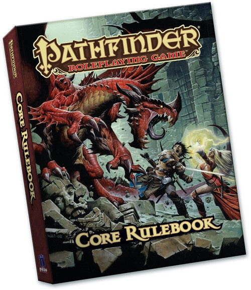 Pathfinder Roleplaying Game Core Rulebook (OGL) Pocket Edition product image shows a furious red dragon attacking a pair of heroes—a sword-wielding fighter and a sorcerer using golden magic. The fight takes place in an ancient dungeon chamber.