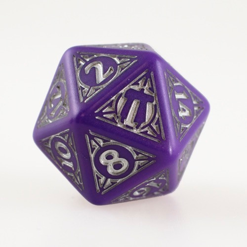 Photo of a purple d20 with the Paizo golem logo in place of the 20.