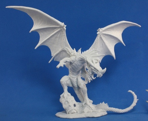 Pathfinder Bones Miniatures Red Dragon, an unpainted, detailed miniature featuring scales and wings on a rocky base, part of the Pathfinder brand, requiring assembly, approximately [insert size] in scale.