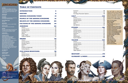Pathfinder Lost Omens Shining Kingdoms interior spread with the book credits and table of contents, complete with decorative border and illustrations of the peoples in the region.
