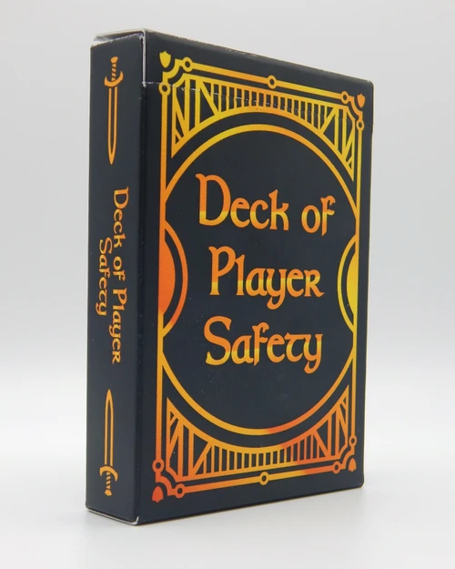 Deck of Player Safety game box featuring 32 hot-button cards, 10 Anything Goes cards, and accessories in a matte black plastic box with orange text and design.