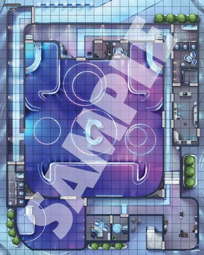 Starfinder Flip-Mat: Cantina. Sample view of a map depicting a futuristic, flashy nightclub in purples and blues.