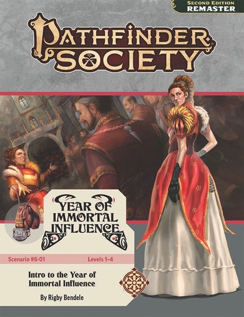 Pathfinder Society Scenario 6-01 (Pathfinder 2e Remaster) Intro: Year of Immortal Influence Level 1-4 by Rigby Beadle; a human noblewoman, Helsa Embersplitter, poses in a fine gown in front of the scene of herself welcoming visitors into her home.