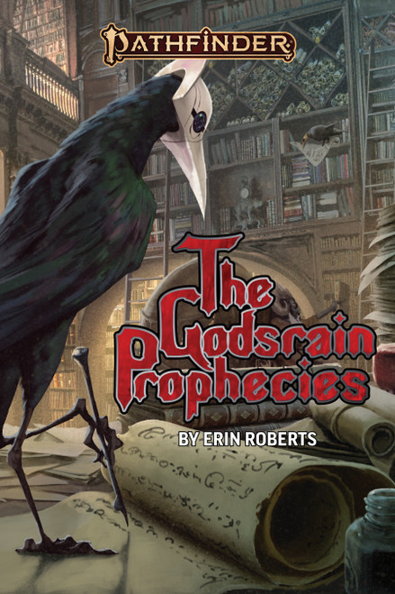 The Godsrain Prophecies a nosoi psychopomp who looks like a raven  wearing a white mask uses a pen to take notes on a scroll in a large library. 