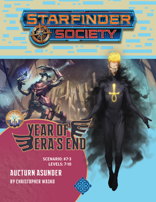 Starfinder Society Scenario #7-03: Aucturn Asunder. By Christopher Wasko. A levitating shadowy figure with a glowing upside-down ankh on their chest is overlayed on top of a centaur-like alien summoning magical energy.