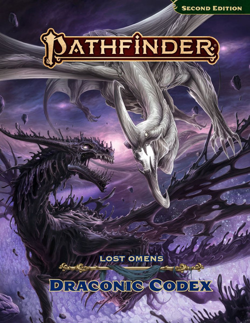 Pathfinder Lost Omens Draconic Codex cover; two dragons, one gleaming white and sleak, the other black with torn wings and flesh that drips upward like ichor defying the flow of gravity, battle it out amid a storm of swirling purple energy.